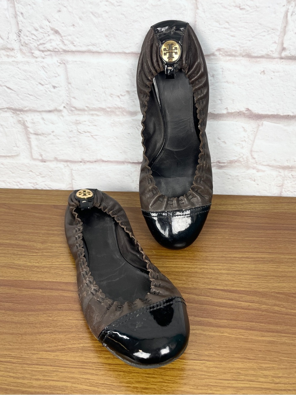 Tory Burch Abby Brown Leather Logo Cap-Toe Ballet Flats Size 9.5